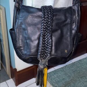 Elliott Lucca  shoulder bag  leather black  braiding & large tassel front  NWOT